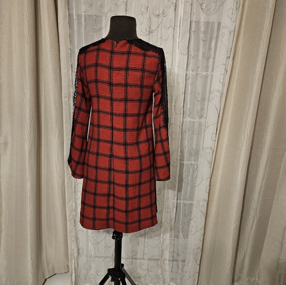 Gianni Bini Red Black Lace Plaid Whimsigoth Business Casual Midi Dress XS - Picture 2 of 16
